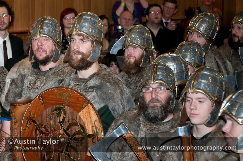 Up Helly-Aa 2011: Guizer Jarl John Hunter as Johan Sanderrevet of Valsgärde, Sweden visits Sound Hall with his Jarl Squad