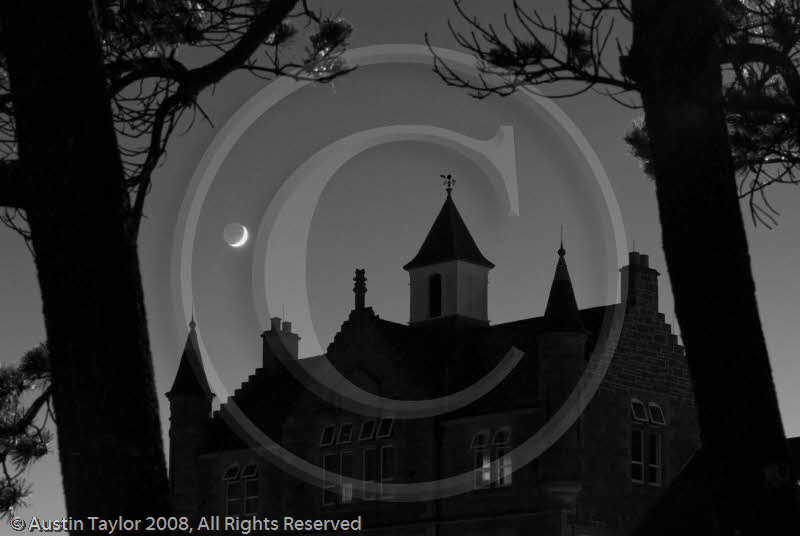 Islesburgh, trees + earthshine Moon (B/W)