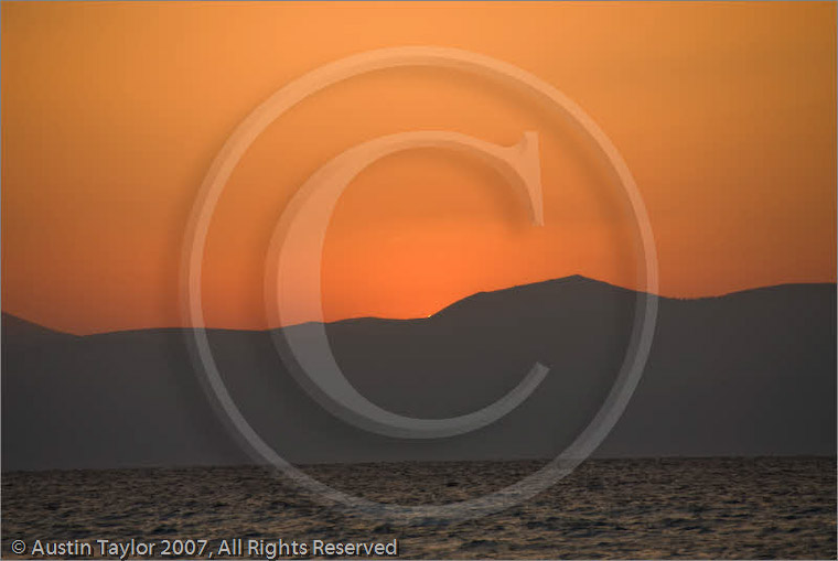 Sunset with backdrop of the Peloponnese from Aegina, Greece 23 September 2007