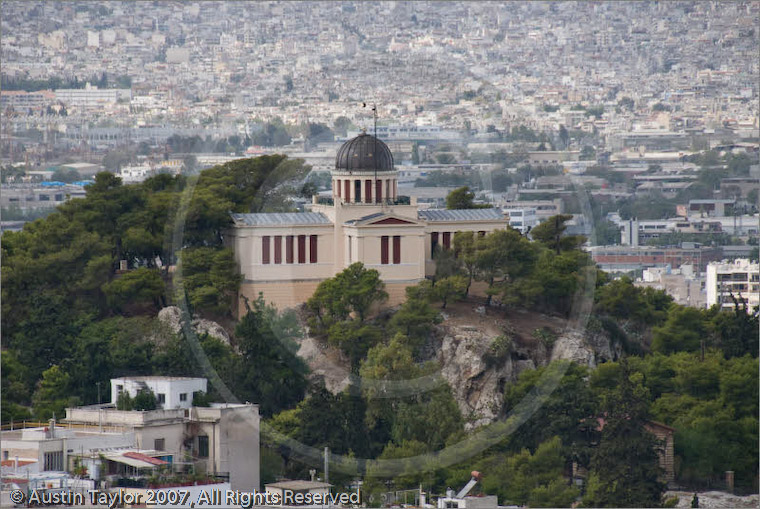 The National Observatory (1846-90) on Nymphon (Pnyx or Pnika) Hill, 107 metres (351ft) above sea level, from Acropolis, Athens, Greece 21 September 2007